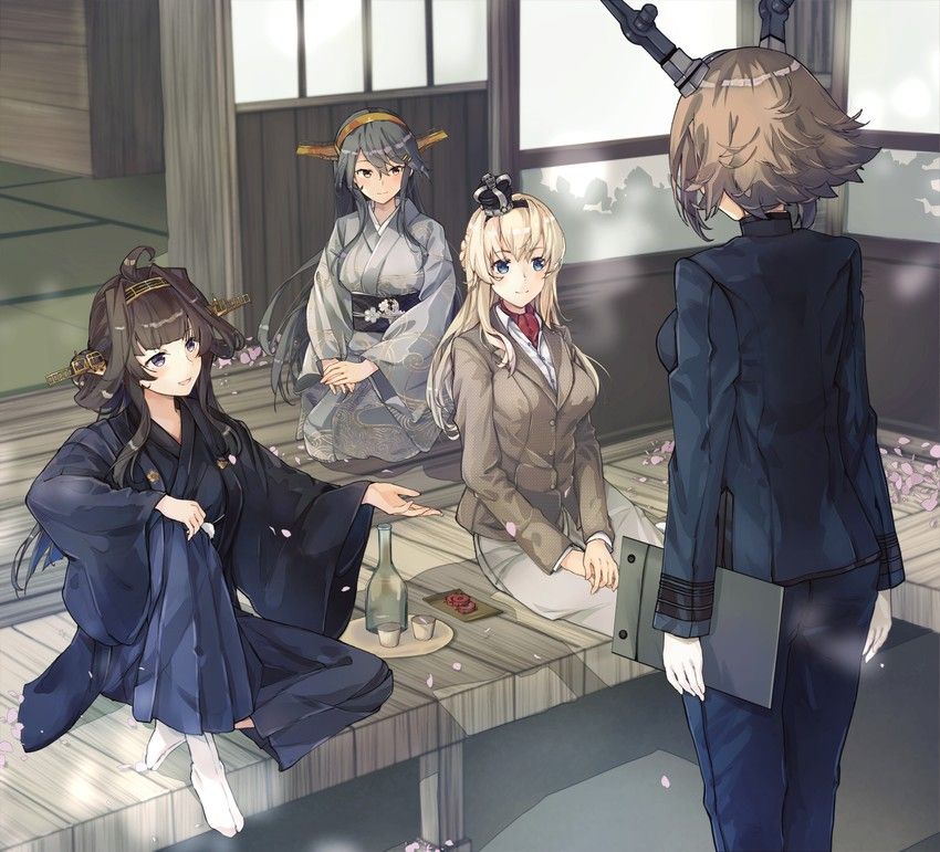 The anthropomorphized battleships Kongou, Haruna, HMS Warspite are sitting on a porch with sakura leaves drifting around them. Before them, battleship Mutsu (also anthropomorphized as Best Girl) is standing and seeming to deliver a report. Kongou, furthest left, is smiling and talking with Mutsu. She's wearing a navy blue robe that blurs the line between naval uniform and casual attire. A bottle of sake and two cups sit on a plate to her right. 

Warspite is kneeling to the right of the sake, giving a polite, reserved smile. She's her trademark black and silver crown, a red turtleneck under a pearl-colored shirt and a tan blazer.

Haruna kneels at the back, looking over the discussion with a content expression, happy to just be near onee-sama. She's wearing a silver-grey kimono with a sable obi decorated with embroidered white chrysanthemums. 

The three Japanese ships have their radar headgear attached. Mutsu is wearing a dark-blue two-piece officer's uniform, with the subdued black markings of a vice admiral of the IJN. Her hands are covered by her usual white gloves. Her back is to the viewer, leaving her facial expression and the cast of her emerald eyes a mystery to be decided by the audience. 