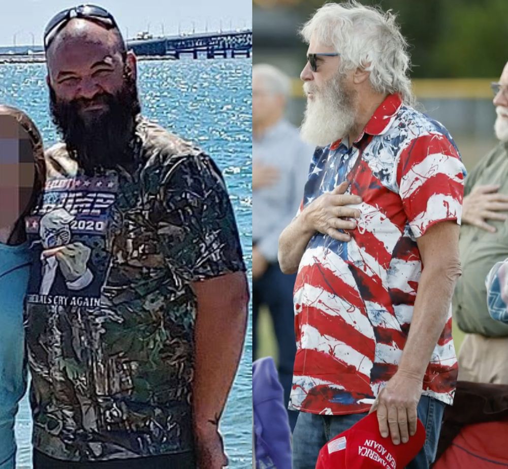 Left, a man wearing a shirt that reads "Trump 2020: Make Liberals Cry Again." Right, a man holding a MAGA hat, outside a church where numerous people were murdered by the man on the left, probably trying to figure out how to blame this on immigrants and trans people.