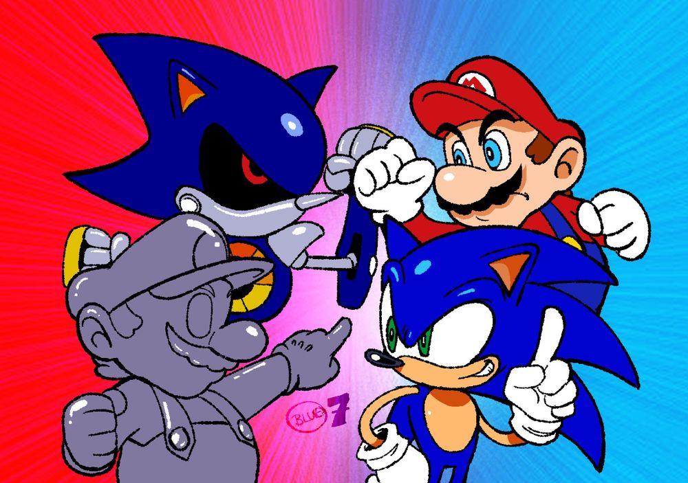 In this picture, 4 characters are shown. From left to right is Metal Sonic, Metal Mario, Sonic and Mario. Metal Sonic and Mario are colliding fists with noticeable distaste for each other, whereas Sonic and Metal Mario have a sort of cocky approach to one another. The piece is inspired by the song "Occasional Rivalry" by Cow, a fun vocal and song mix of different voice clips and game music from Sonic and Mario, and a recent (as of within 24 hours of posting this) take on Cow's piece done by UltimateB3D, which takes the concept of Occasional Rivalry and replaces voice clips and music with that of Metal Mario and Metal Sonic and their musical motifs.