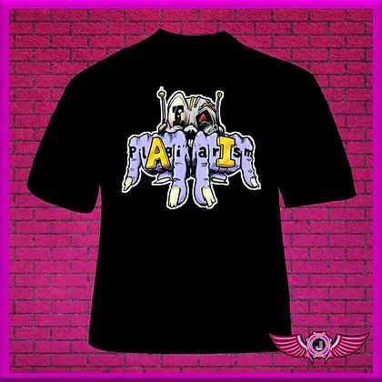 A black t-shirt on a pink brick background. The t-shirt features a drawing of a cartoon skull with robot components behind two purple hands making an inverted "devil horns" gesture with lettering which reads "plAgiarIsm" across the middle phalanges (lower case letters in a tattoo style and capital letters drawn as gold rings).