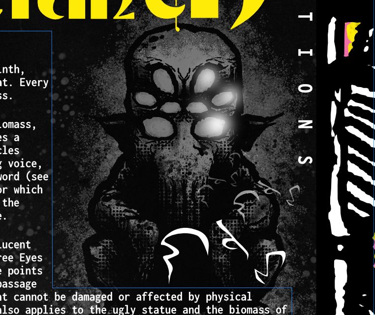 A squatting eight-eyed monster with a large head and tentacles instead of a mouth.