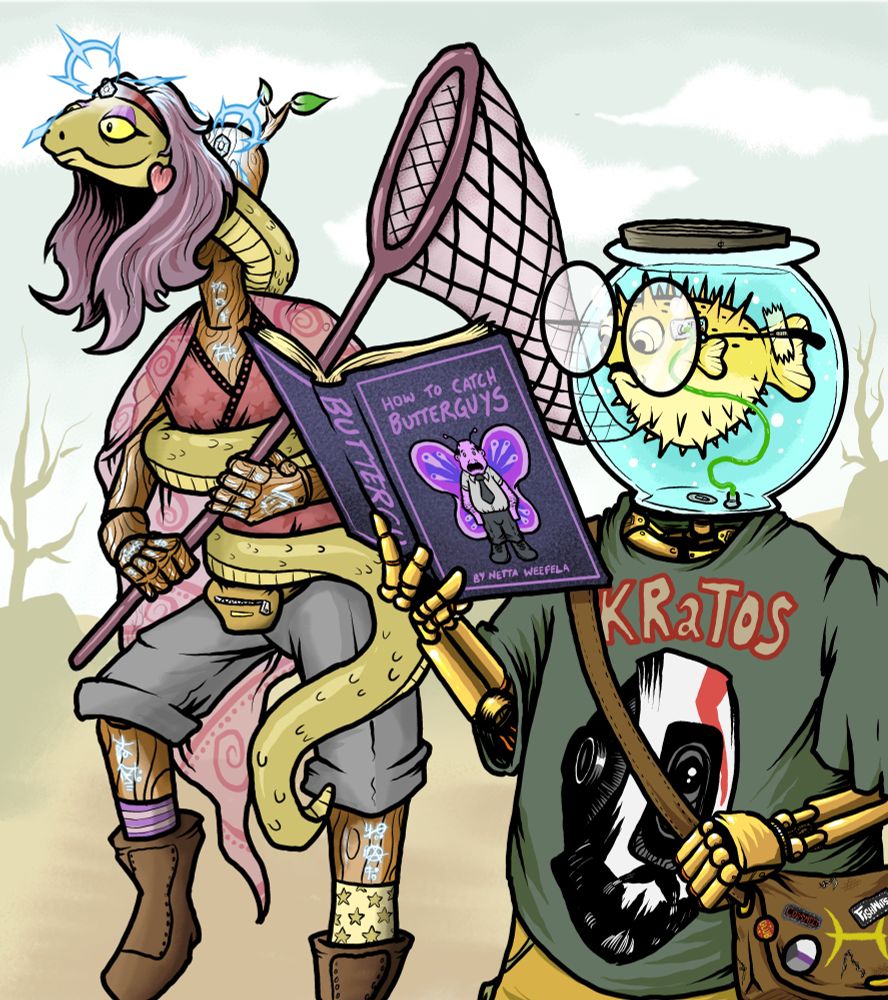 A snake wrapped around a wooden mannequin and a blowfish with a robot body are out hunting "butterguys" with a butterfly net.