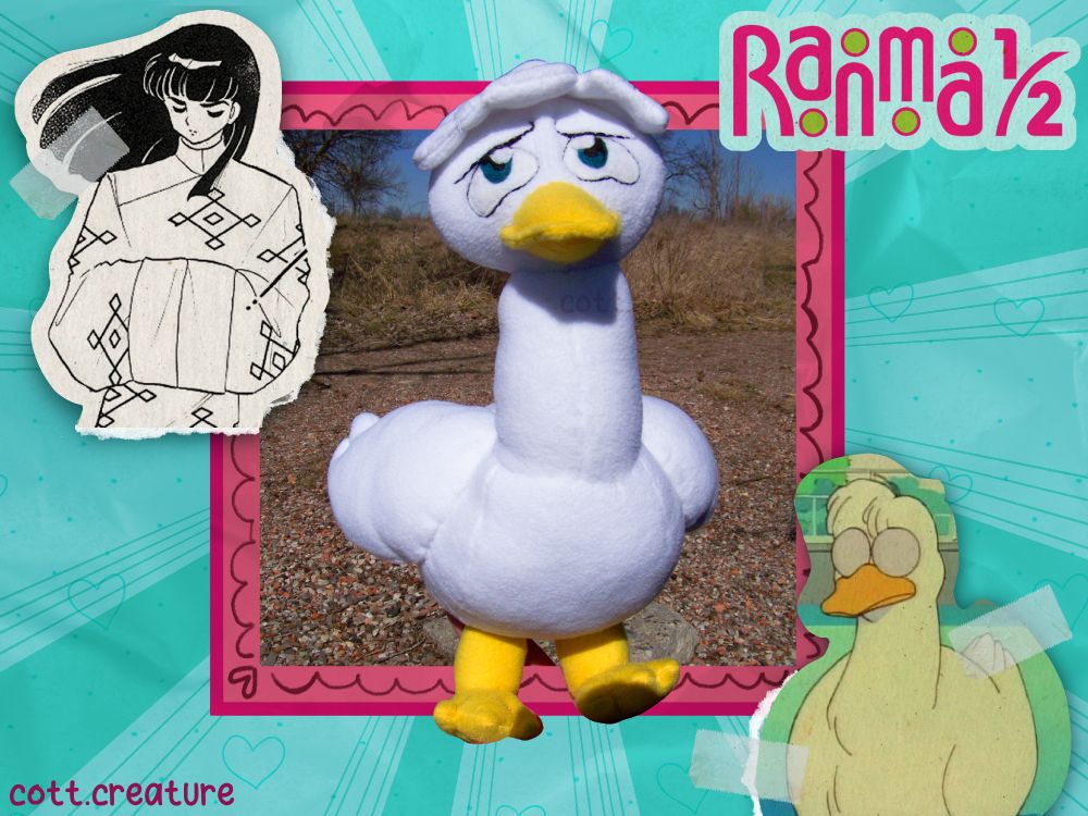 A series of images show a plush duck based on Mousse from Ranma 1/2. He is all white except for his blue eyes and bright yellow beak and feet. He has white fabric glasses with a swirl design on the lens that can be attached with velcro. The first 2 images have pictures of the character from the anime and manga for comparison. 