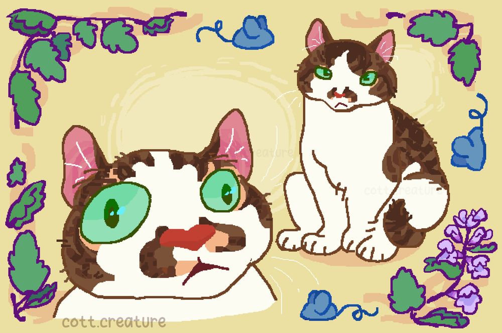 Art of a cat drawn in a pixelated style. On the left is an up-close portrait of the brown and white tabby cat. His face is large round with big green eyes turned outward that gives him a silly look. To the right is the same cat sitting with a discontent look on his face. Leaves of catnip and three blue mice border the art with catnip flowers in the bottom right corner. The background is a warm light yellow with soft halos behind each cat head.