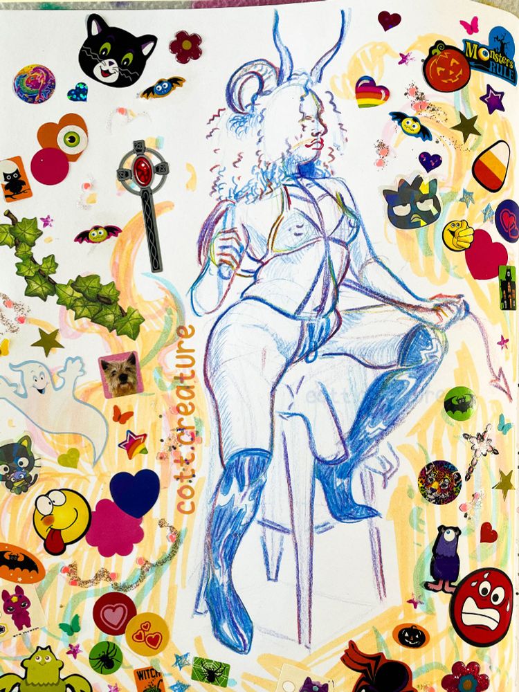 gesture drawing done in blue and rainbow colored pencil of a black woman sitting confidently on a stool. She is wearing two sets of horns, lingerie and knee high heels. Surrounding her is a brightly colored fire, lots of stickers, and glitter