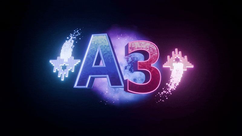 Imagen del logo del A3 con dos naves pixeladas dando vueltas a su alrededor.