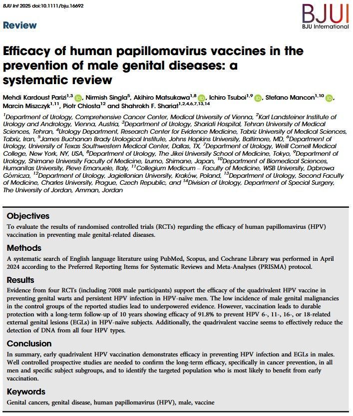 
Abstract
Objectives

To evaluate the results of randomised controlled trials (RCTs) regarding the efficacy of human papillomavirus (HPV) vaccination in preventing male genital-related diseases.
Methods

A systematic search of English language literature using PubMed, Scopus, and Cochrane Library was performed in April 2024 according to the Preferred Reporting Items for Systematic Reviews and Meta-Analyses (PRISMA) protocol.
Results

Evidence from four RCTs (including 7008 male participants) support the efficacy of the quadrivalent HPV vaccine in preventing genital warts and persistent HPV infection in HPV-naïve men. The low incidence of male genital malignancies in the control groups of the reported studies lead to underpowered evidence. However, vaccination leads to durable protection with a long-term follow-up of 10 years showing efficacy of 91.8% to prevent HPV 6-, 11-, 16-, or 18-related external genital lesions (EGLs) in HPV-naïve subjects. Additionally, the quadrivalent vaccine seems to effectively reduce the detection of DNA from all four HPV types.
Conclusion

In summary, early quadrivalent HPV vaccination demonstrates efficacy in preventing HPV infection and EGLs in males. Well controlled prospective studies are needed to confirm the long-term efficacy, specifically in cancer prevention, in all men and specific subject subgroups, and to identify the targeted population who is most likely to benefit from early vaccination.
