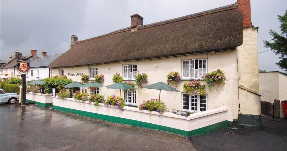 Picturesque, thatched 17th century pub, the Drewe Arms in Dartmoor. Image shown in the summer with hanging baskets. 
Image credit: Useyourlocal