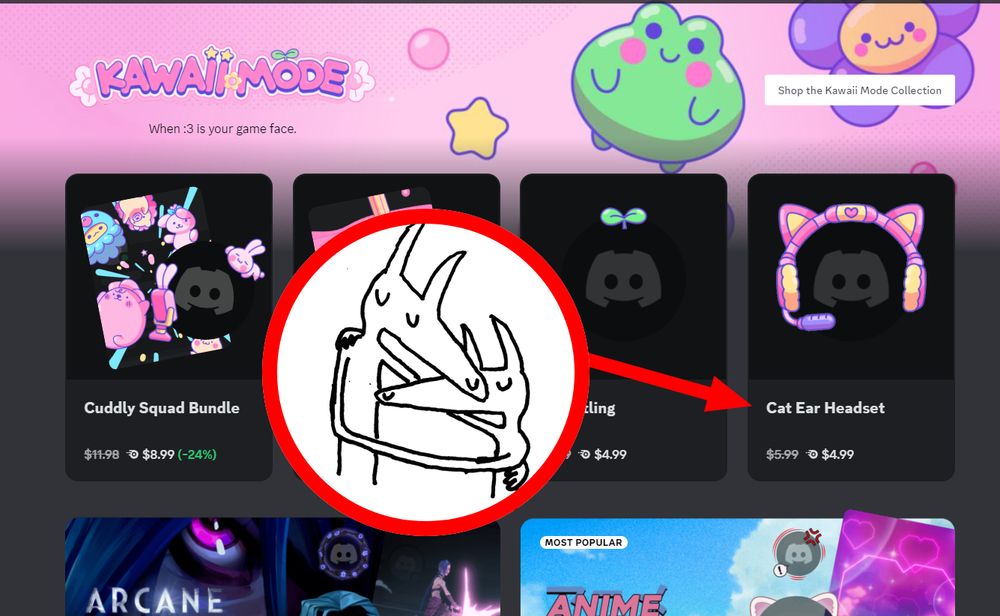 The Discord Nitro accessory shop. There is a red arrow pointing to the accessory called "Cat Ear Headset". The album cover for "Twin Fantasy" by Car Seat Headrest is at the base of the arrow.