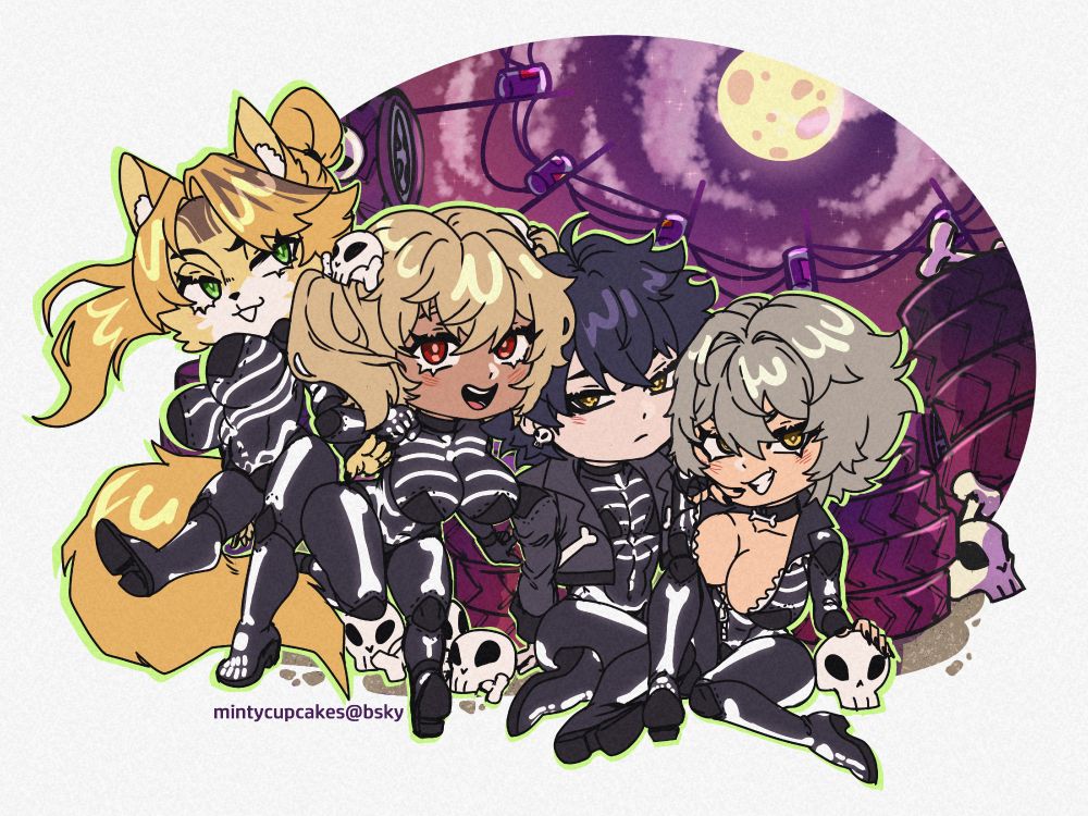 From left to right: Pulchra, Burnice, Lighter and Caesar from Zenless Zone Zero. They are all dressed as biker skeletons, gathered together in front of a background of old tires, power poles, skulls and bones, and a full moon. The piece mostly consists of shades of purples, pinks, yellows, blacks, and whites.