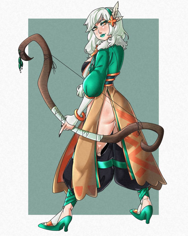 Gufa the Decidueye Gijinka. She has her back the the viewer and is holding a bow. She wears greens, light browns and black clothing with orange and white accents. Her head is facing to the side so she can look back at the viewer.