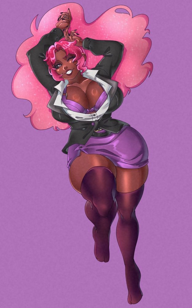 Watts' OC, Saphira the Lustrous, laying down on her back, her pink fluffy hair fanned out around her. She wears a standard office lady suit; A black overcoat, white button up, purple bra and matching skirt as well as dark purple stockings. She winks at the viewer.