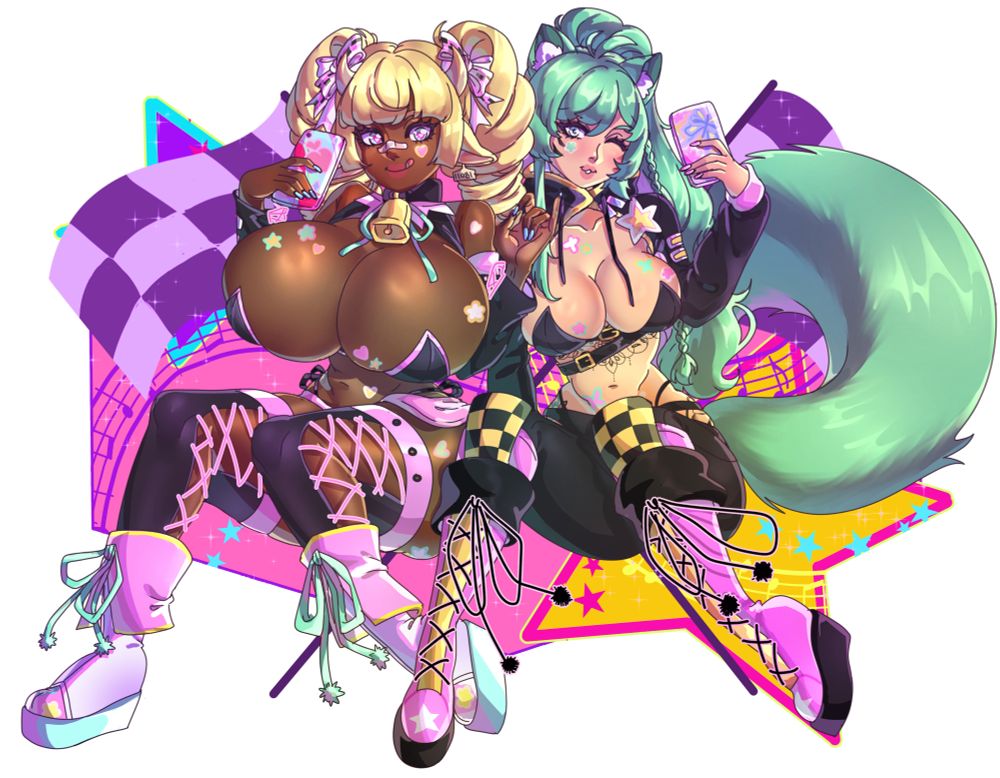 Peaches (on the left) and Lyric (on the right) sitting together, shoulders and thighs touching. Peaches sticks her tongue out playfully while Lyric winks at the viewer.

They are dressed in race queen clothing. The colour pallet includes: pastel and hot Pink, Purple, baby Blue, Mint Green, Yellow as well as white and black.
