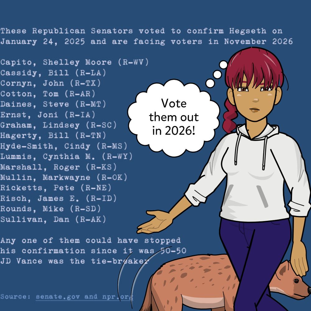 Vote Them Out In 2026!

These Republican Senators voted to confirm Hegseth on January 24, 2025 and are facing voters in November 2026

Capito, Shelley Moore (R-WV)
Cassidy, Bill (R-LA)
Cornyn, John (R-TX)
Cotton, Tom (R-AR)
Daines, Steve (R-MT)
Ernst, Joni (R-IA)
Graham, Lindsey (R-SC)
Hagerty, Bill (R-TN)
Hyde-Smith, Cindy (R-MS)
Lummis, Cynthia M. (R-WY)
Marshall, Roger (R-KS)
Mullin, Markwayne (R-OK)
Ricketts, Pete (R-NE)
Risch, James E. (R-ID)
Rounds, Mike (R-SD)
Sullivan, Dan (R-AK)

Any one of them could have stopped 
his confirmation since it was 50-50  
JD Vance was the tie-breaker



Source: senate.gov and npr.org