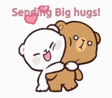 a couple of teddy bears hugging each other with the words sending big hugs