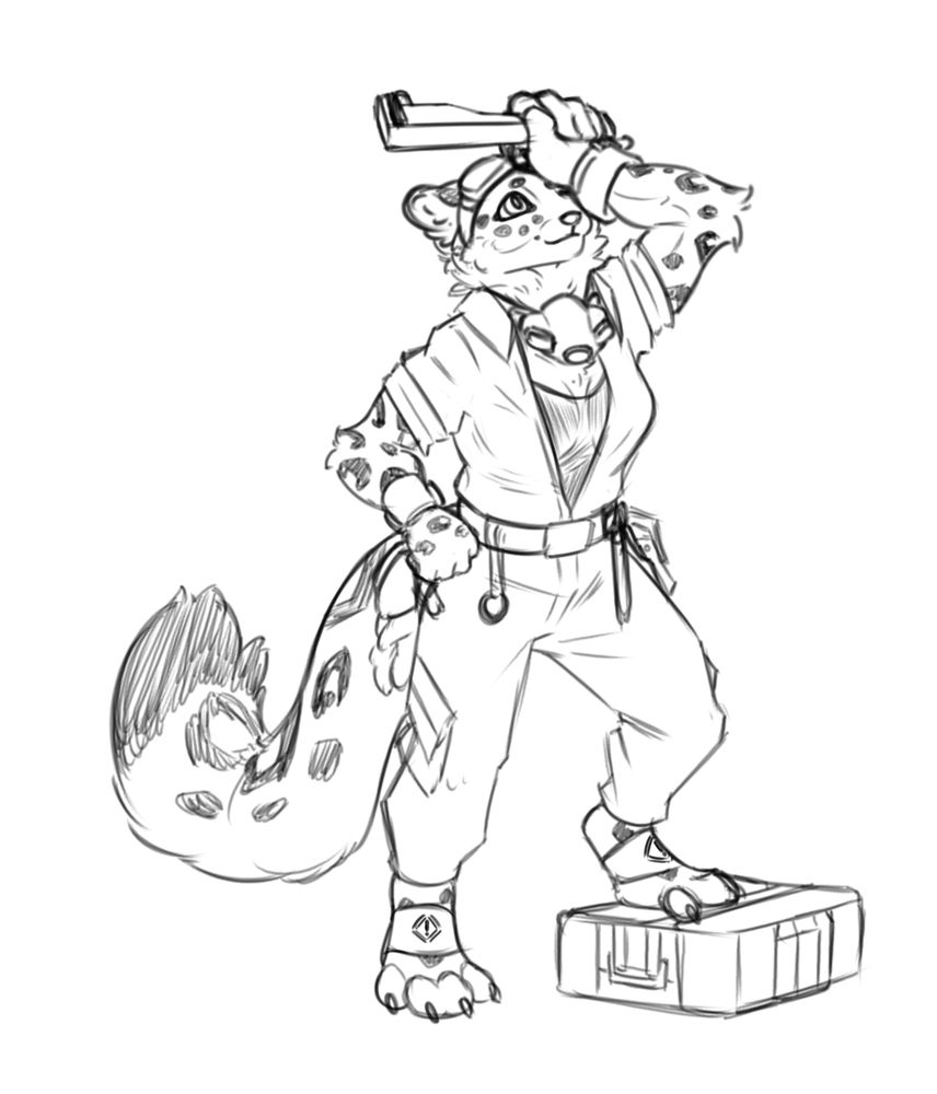 Black and white picture of Cass, a snow leopard. She is wiping her brow with one digitigrade paw on a box. She is wearing mechanics clothes and has a large wrench in one hand. 
