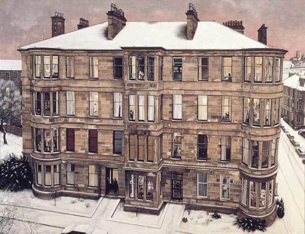 Windows on the West by Avril Payton. A picture of a yellow sandstone tenement building in Glasgow’s West End on a snowy day. The paint captures snapshots of life in the flats behind each window. On display in the Kelvingrove Museum and Art Gallery in Glasgow.