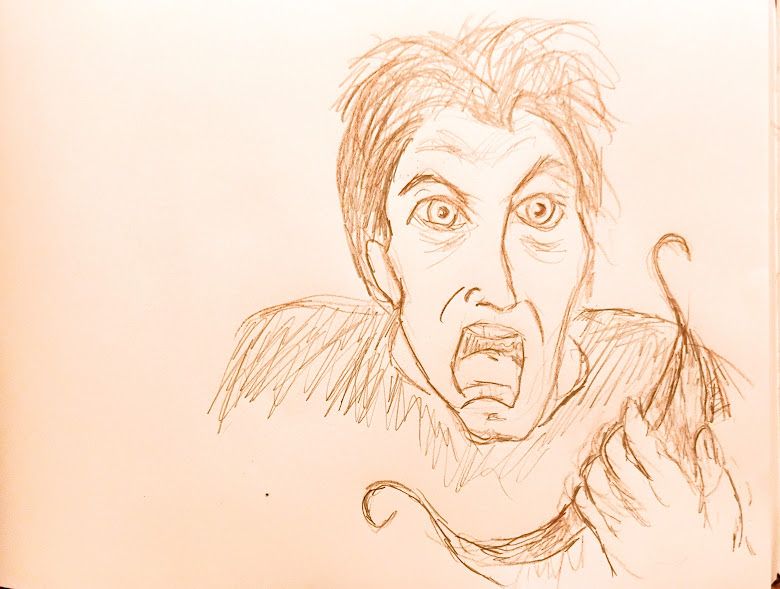 Cartoon of David Tennant clutching a model of a viking long ship