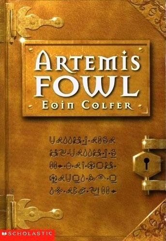 The cover of the first Artemis Fowl book by Eoin Colfer. The cover is made to look like an old tome with gold hinges and a gold lock.