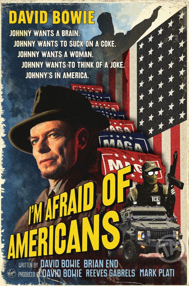 An imagined movie poster for David Bowie’s song “I’m Afraid of Americans” in the spirit of an old film noir and Russian agitprop poster 