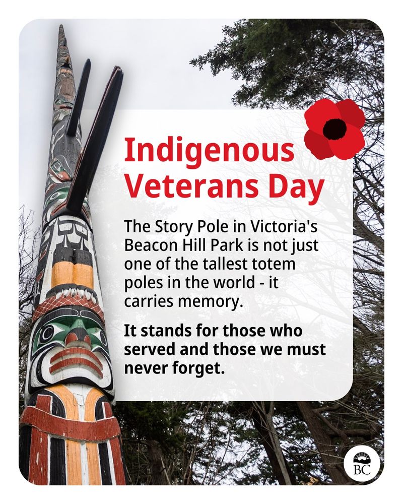 Indigenous Veterans Day
The Story Pole in Victoria's Beacon Hill Park is not just one of the tallest totem poles in the world - it carries memory.
Raised in honour of Indigenous veterans, it stands for those who served and those we must never forget.
Photo of the Story Pole in Beacon Hill Park in Victoria BC.