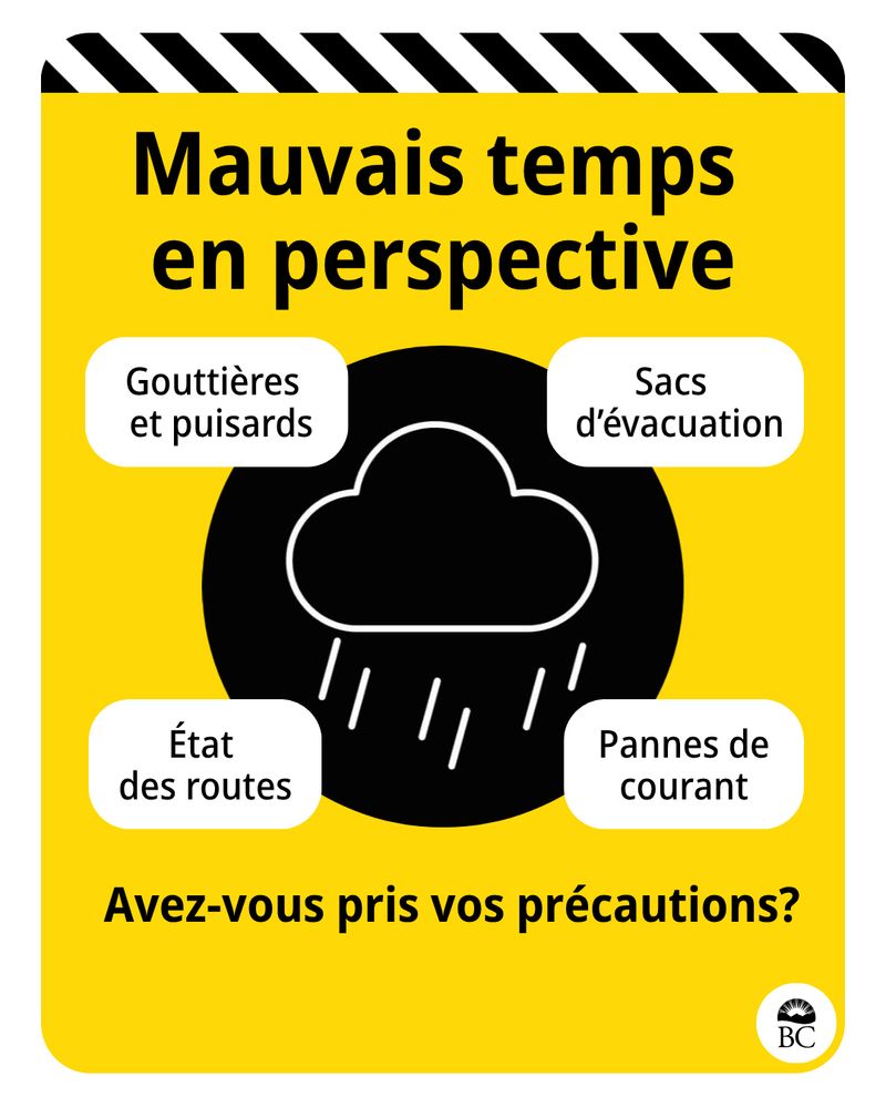 Mauvais temps 
en perspective
- Gouttières 
et puisards
- Sacs 
d’évacuation
- État 
des routes
- Pannes de courant
Avez-vous pris vos précautions?