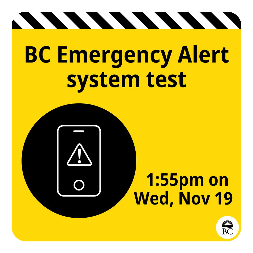 Graphic of a mobile phone with an alert symbol on a yellow background with the text "BC Emergency Alert system test 1:55pm on Wed, Nov 19"