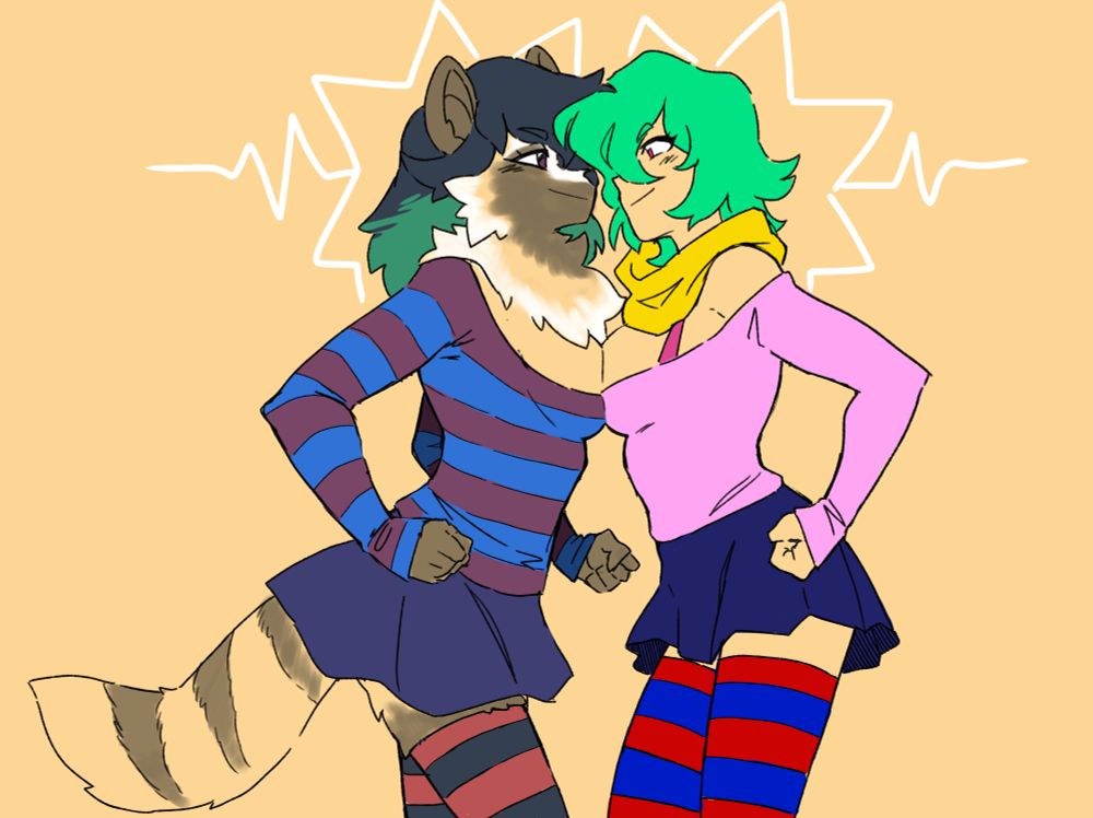 Art of my old pre-furry artsona as a tanuki, and my bat fursona as a human, squaring up against each other nose-to-nose and boob-to-boob