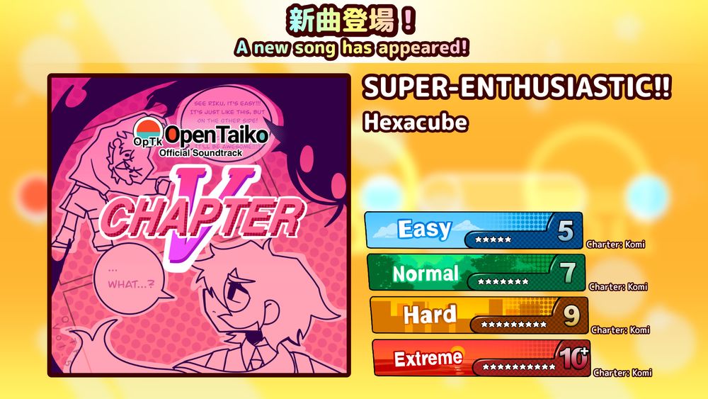 Song name: SUPER-ENTHUSIASTIC!!
Artist: Hexacube

Difficulties:
Easy - Level 5 (charted by Komi)
Normal - Level 7 (charted by Komi)
Hard - Level 9 (charted by Komi)
Extreme - Level 10.8 (charted by Komi)