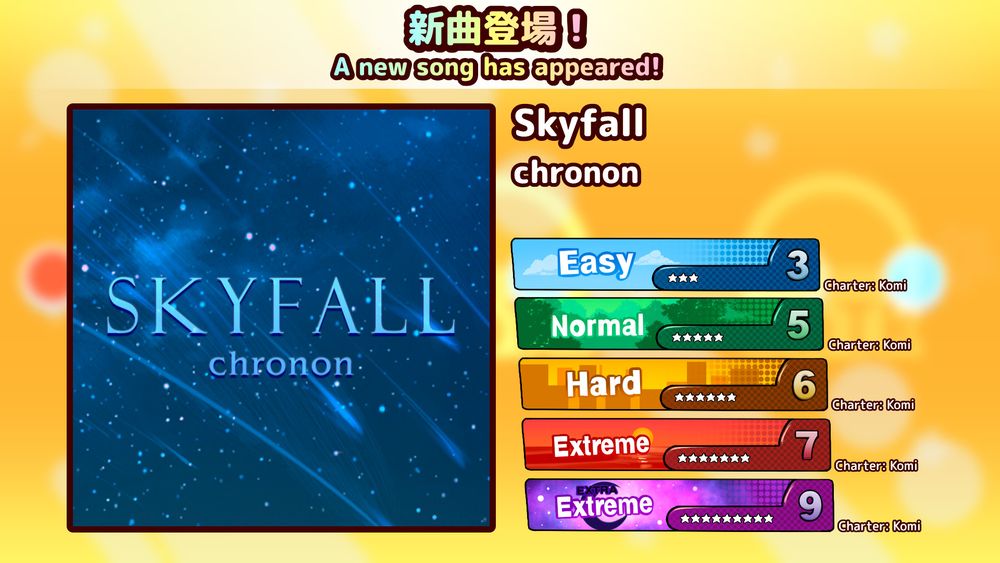 Song name: Skyfall
Artist: chronon

Difficulties:
Easy - Level 3 (charted by Komi)
Normal - Level 5 (charted by Komi)
Hard - Level 6 (charted by Komi)
Extreme - Level 7 (charted by Komi)
Extra - Level 9 (charted by Komi)
