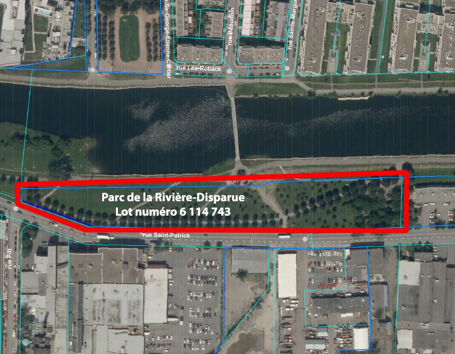Localisation du parc de la Rivière-Disparue située en bordure du canal de Lachine dans le quartier Côte-Saint-Paul de Montréal