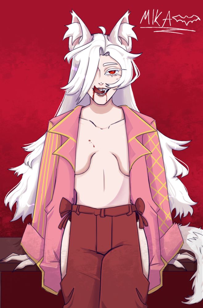 Illustration of a Transgender Vampire man sitting on a table, licking his bloody lips. His Hair is white and long, hidden behind his back. His eyes are Red, looking at the viewer. 