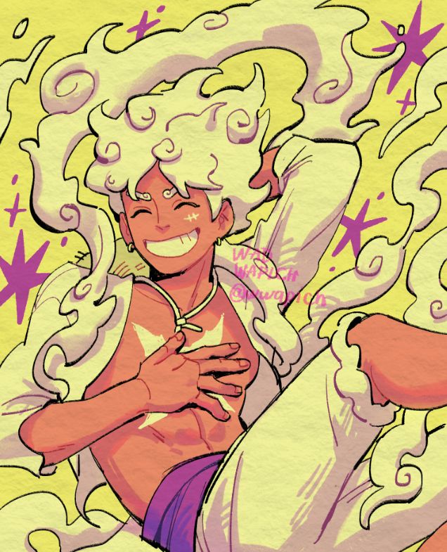 A fan art of Luffy from the show One Piece in his Nika form. The background is in yellow with purple stars. He's smiling with his eyes closed, his right hand on his chest, and his left hand behind his head