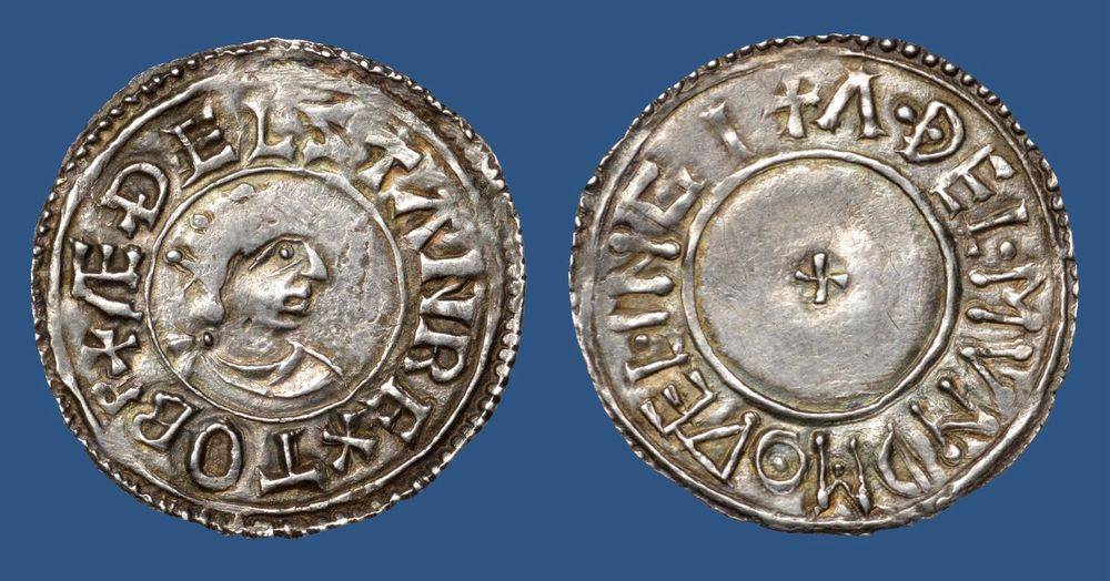 Obverse and Reverse of the Athelstan silver penny on display in the Athelstan museum in Malmesbury. 

Very few coins feature both Athelstan’s portrait and the extended title (Æthelstan rex to Brit, ‘King of All Britons’) as this coin does.
