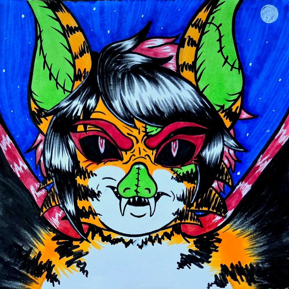 My sona Laelia depicted as an abnormal bat with an orange, black, and red color scheme

Made with copic markers on paper