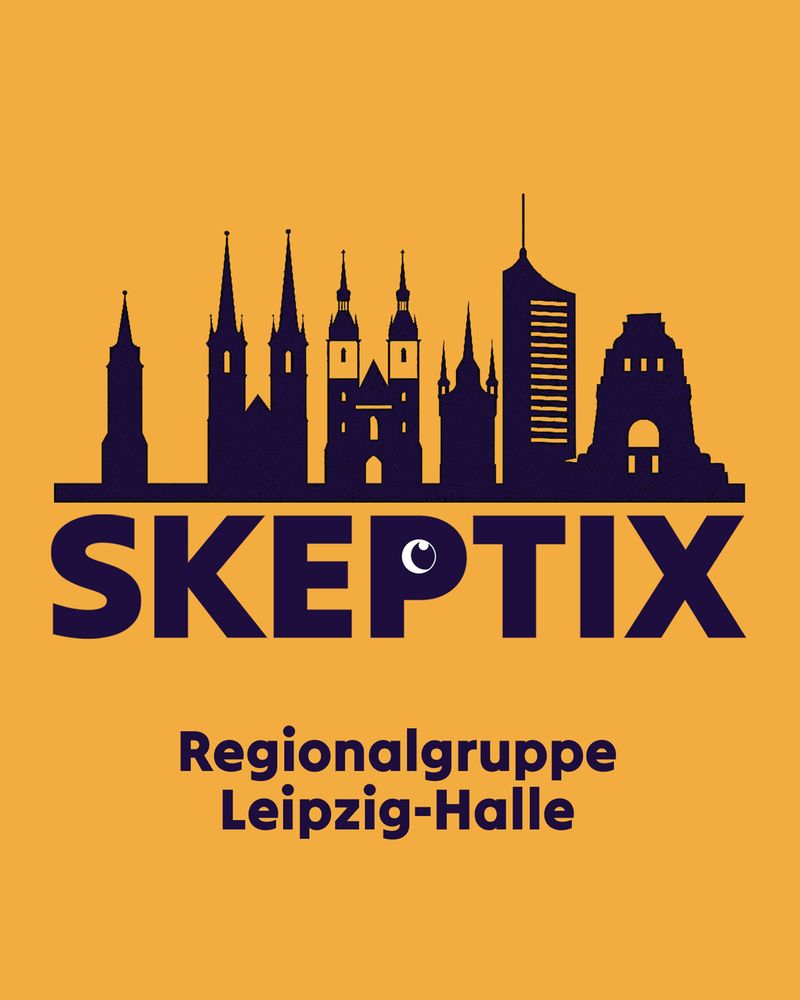 Infografik für eine Skeptix-Regionalgruppe: Vor maisgelbem Hintergrund ist der Schriftzug "Skeptix" zu sehen, der Hohlraum im P ist ein Auge. Darüber sind die Silhouetten einiger Gebäude aus der Gegend zu sehen. Unten steht "Regionalgruppe Leipzig-Halle".
