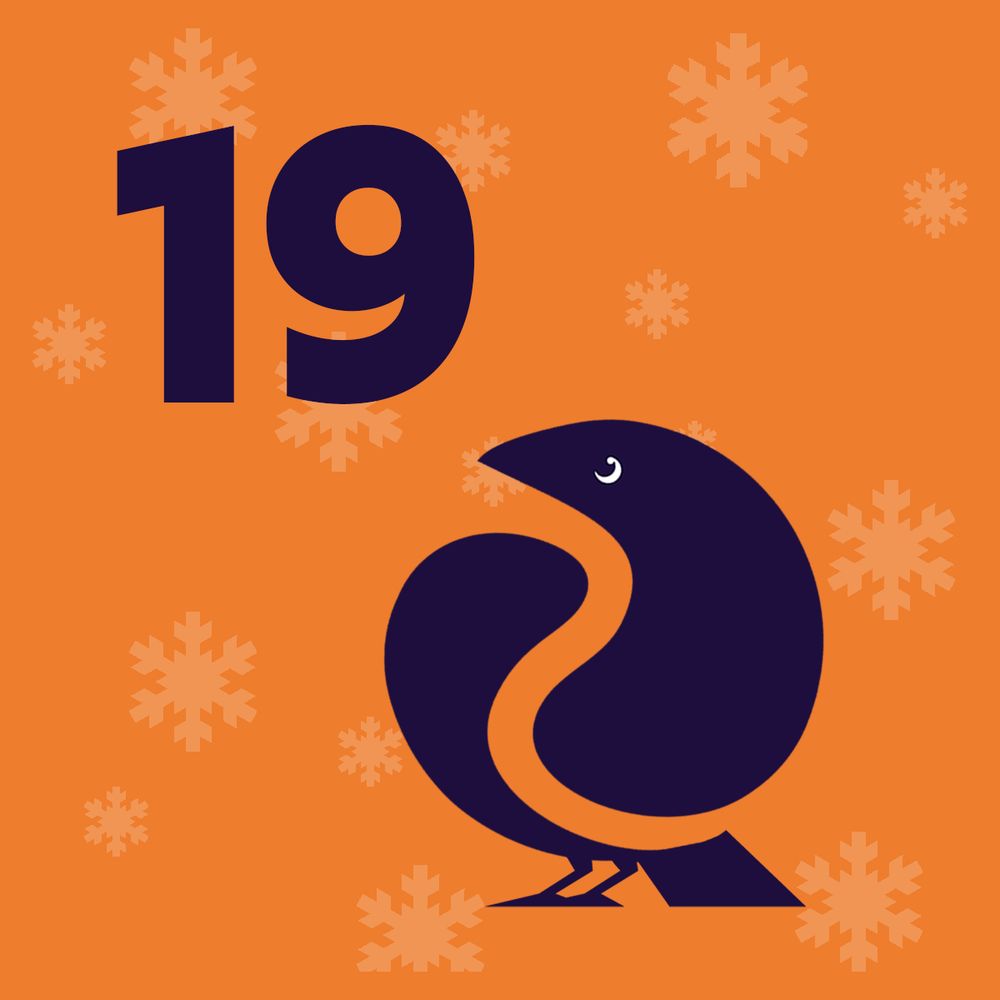 Ein stilisierter, violetter Vogel sitzt unten rechts im Bild. Er schaut nach links oben, wo die Zahl 19 zu sehen ist. Der Hintergrund ist orange und zeigt ein helleres Schneflockenmuster.