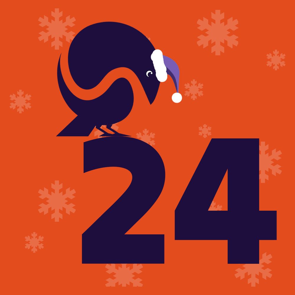 In der Bildmitte ist groß die Zahl 24 zu sehen. Darauf sitzt ein stilisierter, violetter Vogel, der eine violette Weihnachtsmütze trägt, und nach unten auf die Zahl schaut. Der Hintergrund ist orange und zeigt ein helleres Schneeflockenmuster.