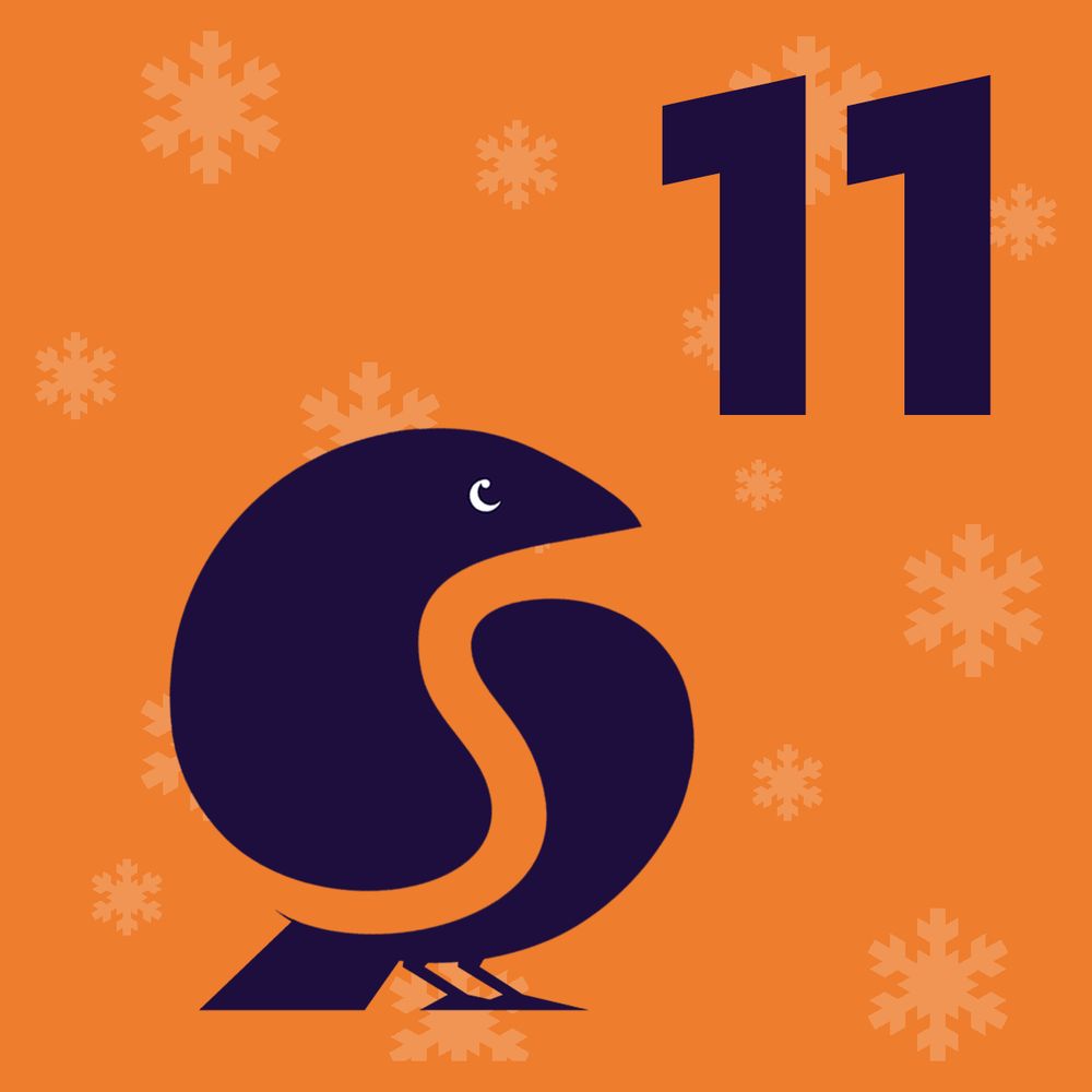 Ein stilisierter, violetter Vogel steht vor einem orangefarbenen Hintergrund mit hellerem Schneeflockenmuster. Er schaut in die obere rechte Ecke des Bildes, wo die Zahl 11 zu sehen ist.