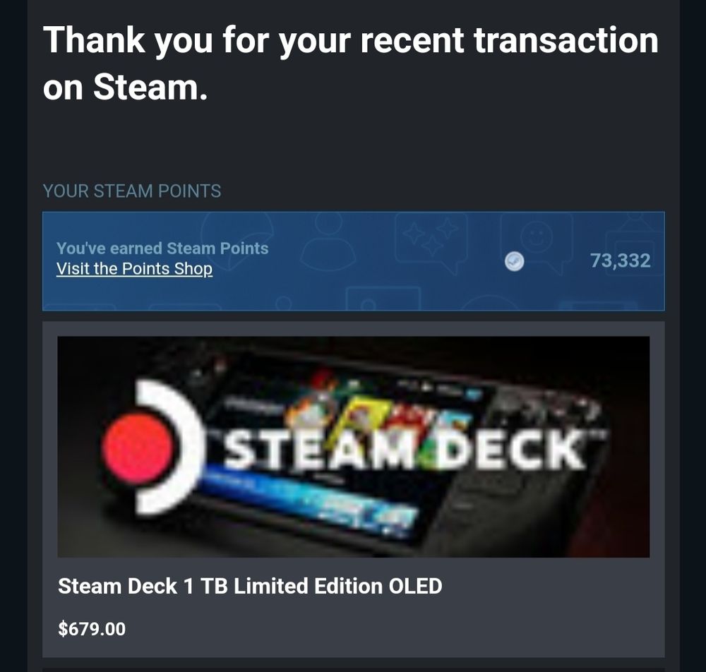 Confirmation email for buying a steam deck OLED limited edition