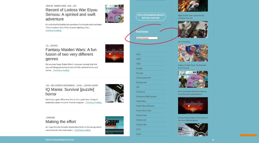 A screenshot of my site's front page. A red ring circles the archive drop down menu.