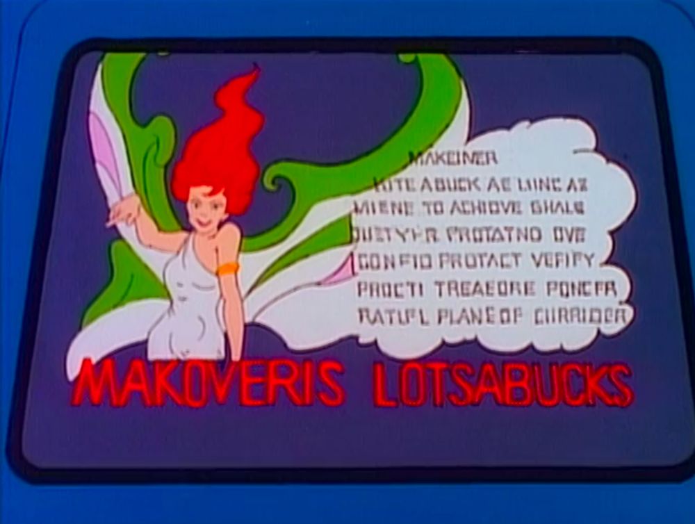 Frame grab from Real Ghostbusters depicting a red-haired winged woman with a fake Latin description and the name "Makoveris Lotsabucks"