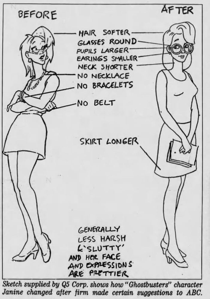 Before/After sketch of Janine with notes: "Hair softer, glasses round, pupils larger, earrings smaller, neck shorter, no necklace, no bracelets, no belt. Generally less harsh and 'slutty' and her face and expressions are prettier." Original caption reads, "Sketch supplied by Q5 Corp. shows how "Ghostbusters" character Janine changed after firm made certain suggestions to ABC."