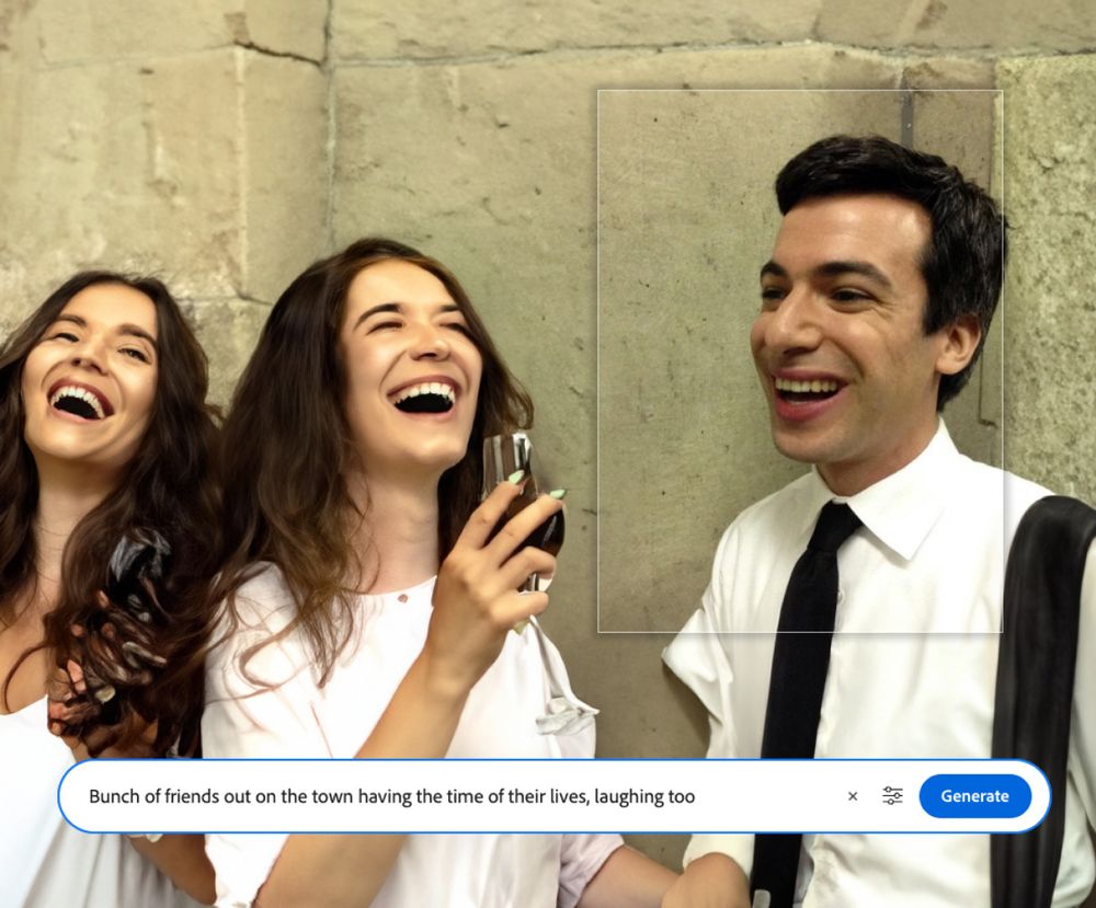 Screenshot of Adobe Firefly with the prompt "Bunch of friends out on the town having the time of their lives, laughing too" and a "Generate" button. Photo is a modified version of Nathan Fielder's photo of himself smiling alone, extended beyond its frame to include two AI-generated women laughing and drinking wine.