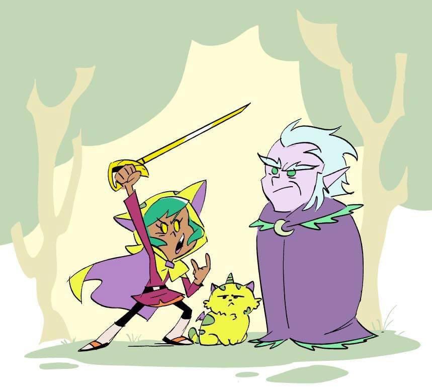 Harpy throwing devil horns while holding up a sword.  Wolf and Pumpkin are unimpressed. 