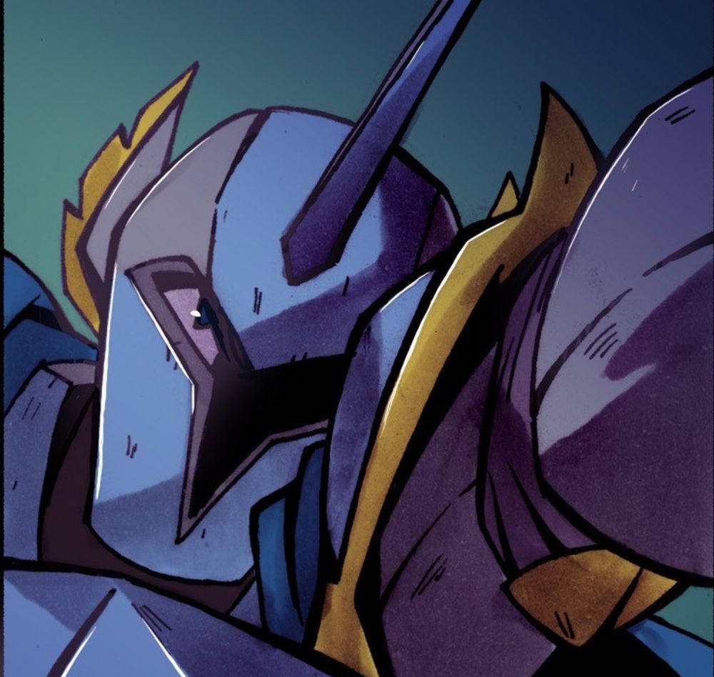 A knight with one eye glaring from their blue helmet.
#HarpyUpdate #HarpyGee #webcomics #webtoon