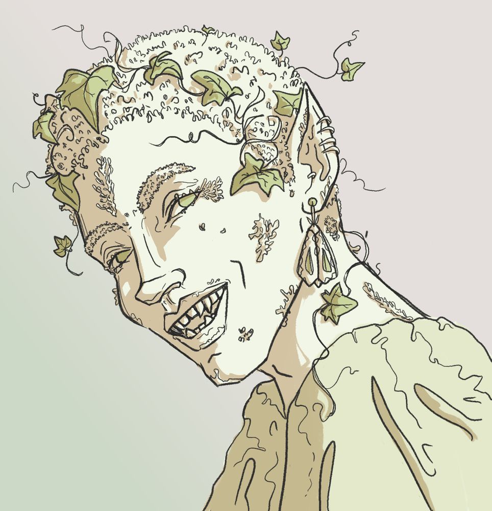 A line drawing of a kind of fae/elf looking guy, smiling in a slightly creepy way.  He has pointy teeth and there's lichen growing on his skin and his hair and eyebrows look kind of like moss, and there are ivy leaves twined around his head.