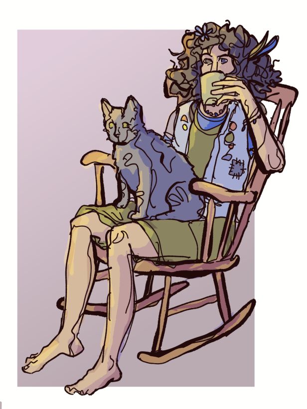 a rough, sketchy drawing of a person (it's Tabaqui from The Gray House) with curly shoulder-length hair sitting in a rocking chair, drinking from a coffee cup. he's barefoot and wearing shorts and a vest with patches and pins on it, and has flowers and feathers in his hair. there is a black cat sitting on his lap. it's coloured in soft, warm earthy colours.