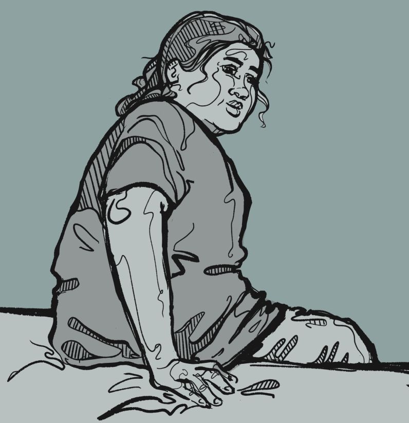 A loose, sketchy drawing of a fat guy with long hair sitting down on a bed or soft surface of some kind. He's looking over his shoulder and looks slightly thoughtful or worried.