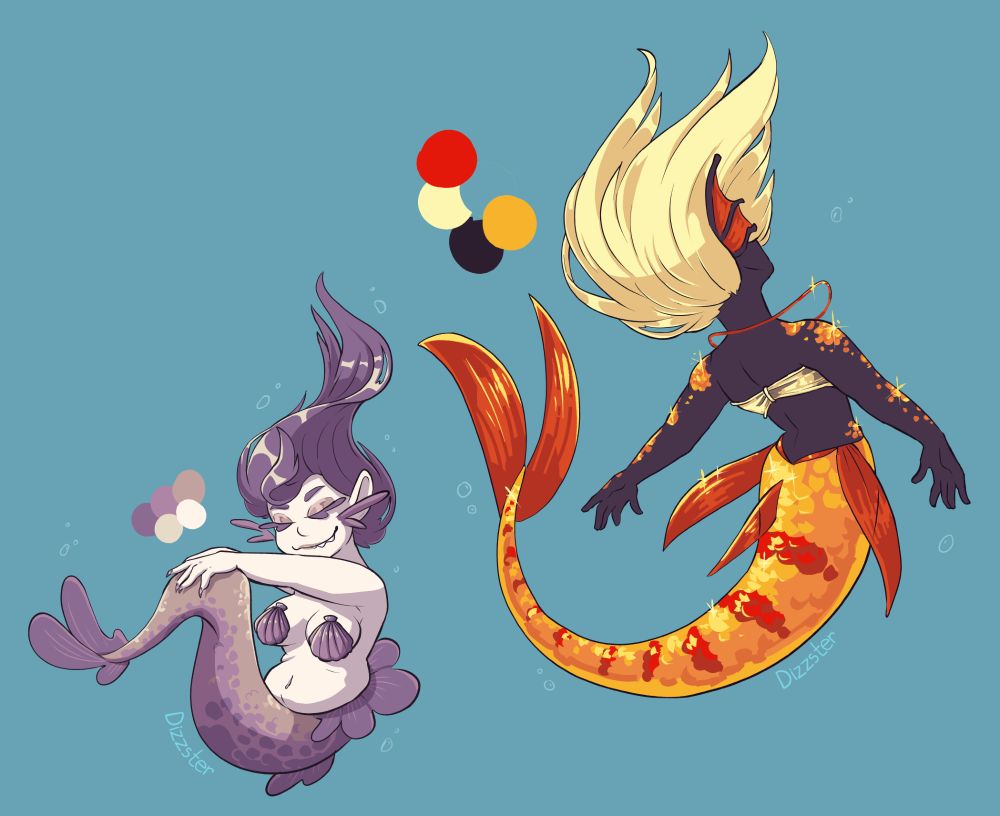 Left: A whiskered, sharp-toothed mermaid sinks gently through the water, hands resting gracefully on her spotted tail. Her hair swirls above her as she drifts.

Right: A mermaid swims through the water, hands stretched out backwards as her hair swirls around her. The sun glints off the bright orange scales covering her tail and dotting her skin. A simple red necklace floats around her neck, gleaming in the same way.